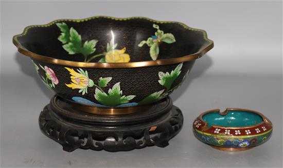 A Chinese cloisonne bowl on stand and a small ashtray